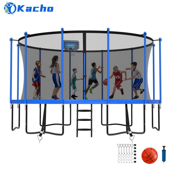 Kacho 15FT Trampoline for Kids Adults, 1500LBS Trampoline with Basketball Hoop, Outdoor Recreational Trampolines with Safety Enclosure Net and Ladder, Fully Galvanized Anti-Rust Coating