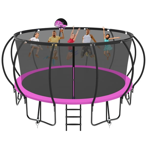 Kacho 16FT Trampoline 【Curved Poles Reinforced Type】, Trampoline for Kid Adults with Enclosure Net, Basketball Hoop, Ladder, Outdoor Trampoline, 1500LBS Weight Capacity, ASTM Approval, Pink