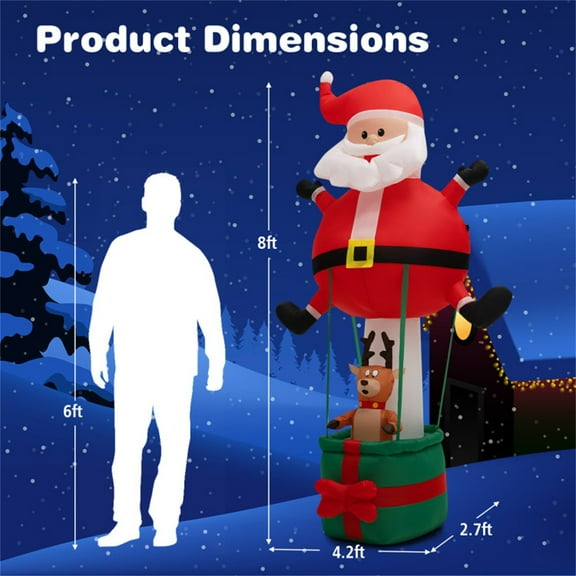 Kacho 8 Ft Inflatable Santa Claus and Reindeer, Giant Blow-Up Hot Air Balloon with LED Lights, Christmas Inflatable Outdoor Decoration for Home Party, Yard, Lawn