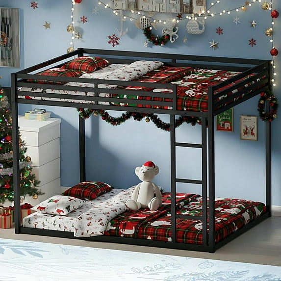 Kacho Bunk Bed Full Over Full, Metal Bunk Bed with Built-in Ladder and Full-Length Guardrail, Low Floor Bunk Beds for Teens Adults, Space Saving Bunk Bed, Noise Free, No Boxing Spring Needed, Black