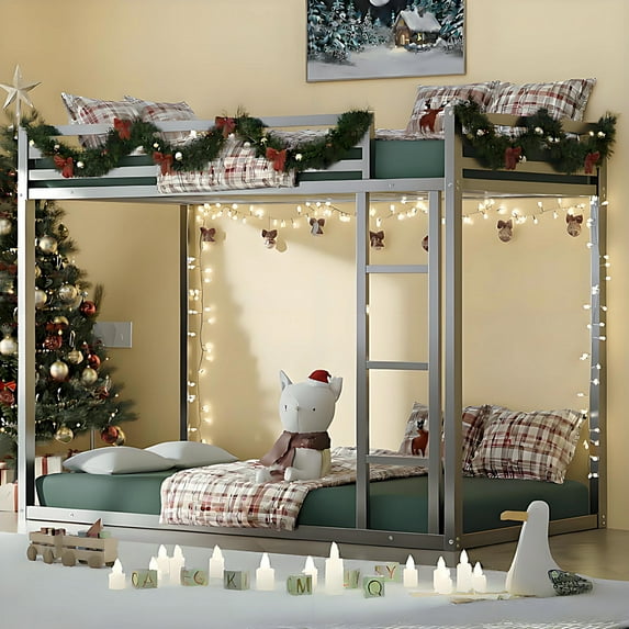 Kacho Bunk Bed Full Over Full, Metal Bunk Bed with Built-in Ladder and Full-Length Guardrail, Low Floor Bunk Beds for Teens Adults, Noise Free, No Boxing Spring Needed, Space Saving, Silver