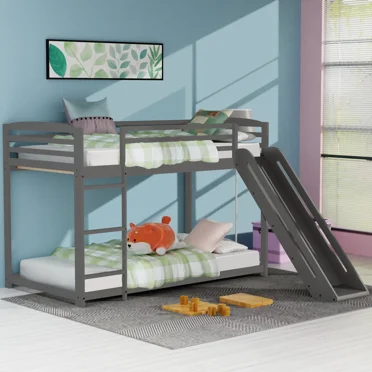 Kacho Bunk Bed, Twin over Twin Bunk Bed with Slide, Wood Bunk Bed Frame with Ladder and Full-Guardrails, Bunk Bed for Teens Adults, for Dorm Bedroom, No Box Spring Needed, Gray