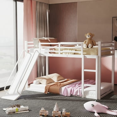 Kacho Bunk Bed with Slide for Kids, Twin over Twin Metal Bunk Bed, Bunk Bed Frame with Ladder and Full-Guardrails, Bunk Bed for Teens Adults, for Dorm Bedroom, No Box Spring Needed, White