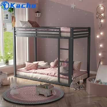 Kacho Bunk Bed, Twin Over Twin Metal Bunk Bed, Low Bunk Bed With Safety Full-Length Guardrail, and Ladder, No Box Spring Needed, Suitable for Girls Boys Toddlers, Bunk Bed Frame Easy Assembly, Silver