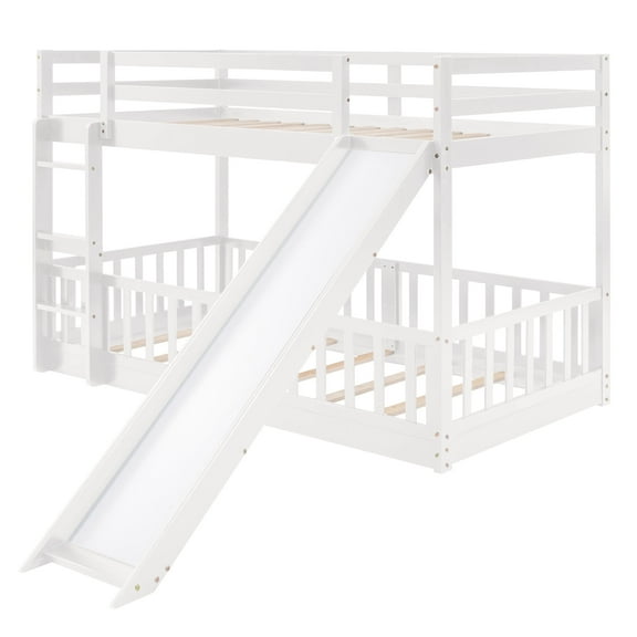 Kacho Bunk Bed Twin over Twin, Floor Bunk Bed with Convertible Slide and Ladder, Wood Low Bunk Bed Frame for Teens Adults, Removable Full-Length Guardrail, No Box Spring Needed, White