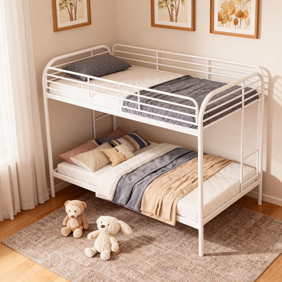 Kacho Bunk Bed Twin over Twin, Metal Bunk Bed with Safety Full-Length Guardrail, Convertible Bunk Bed into 2 Individual Twin Beds, Space Saving Bunk Bed for Adults Teens, No Spring Box Needed, White