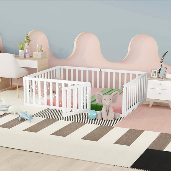 Kacho Floor Bed, Full Bed with Fence and Door, Low Wood Platform Beds for Girls Boys Happy Time, Full Playhouse Bed with Door Design Fence Bed Playpen Bed, White