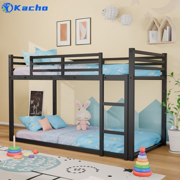 Kacho Floor Bunk Bed, Metal Bunk Bed Frame for s, Bunk Bed Twin Over Twin with Safety Full-Length Guardrails, for room Bedroom, Easy Assembly, No Box Spring Needed, Black