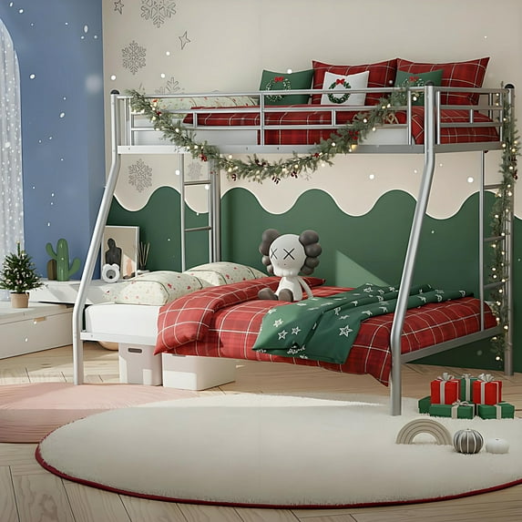 Kacho Metal Bunk Bed, Twin Over Full Bunk Bed with Safety Full-Length Guardrail and 2 Ladders, Heavy Duty Bunk Bed Frame for Adults Teens, Twin Bunk Bed for Bedroom, Dorm,No Box Spring Needed, Silver