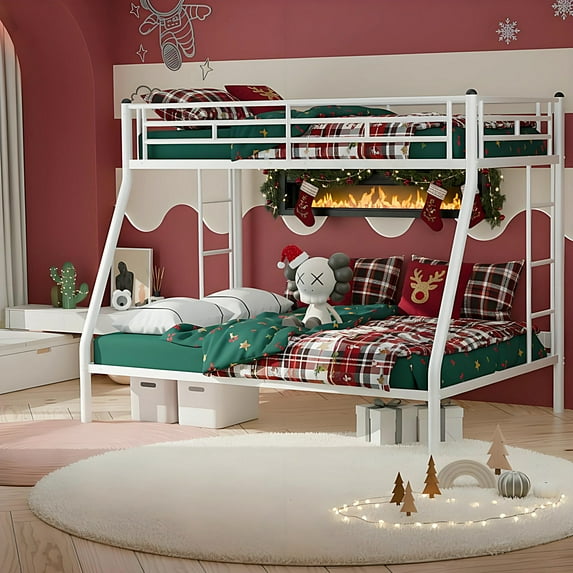 Kacho Metal Bunk Bed, Twin Over Full Bunk Bed with Safety Full-Length Guardrail and 2 Ladders, Heavy Duty Bunk Bed Frame for Adults Teens, Twin Bunk Bed for Bedroom, Dorm, No Box Spring Needed, White