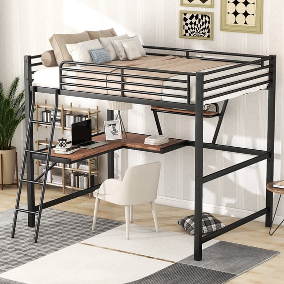 Kacho Full Size Loft Bed with Desk and Shelf, Metal Loft Bed Frame, Loft Bed with Ladders and Safety Guardrails for Boys Girls Teens, Heavy Duty Bedframe, Space-Saving, No Box Spring Needed, Black