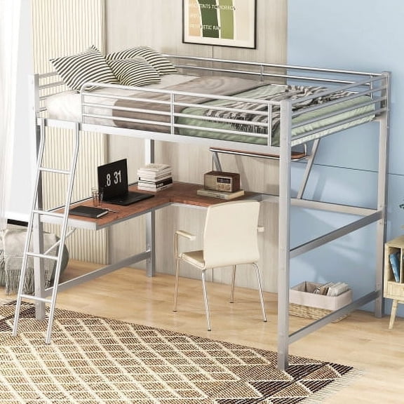 Kacho Full Size Loft Bed with Desk and Shelf, Metal Loft Bed Frame, Loft Bed with Ladders and Safety Guardrails for Boys Girls Teens, Heavy Duty Bedframe, Space-Saving, No Box Spring Needed, Silver