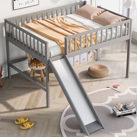Kacho Full Size Low Loft Bed with Ladder and Slide,Gray