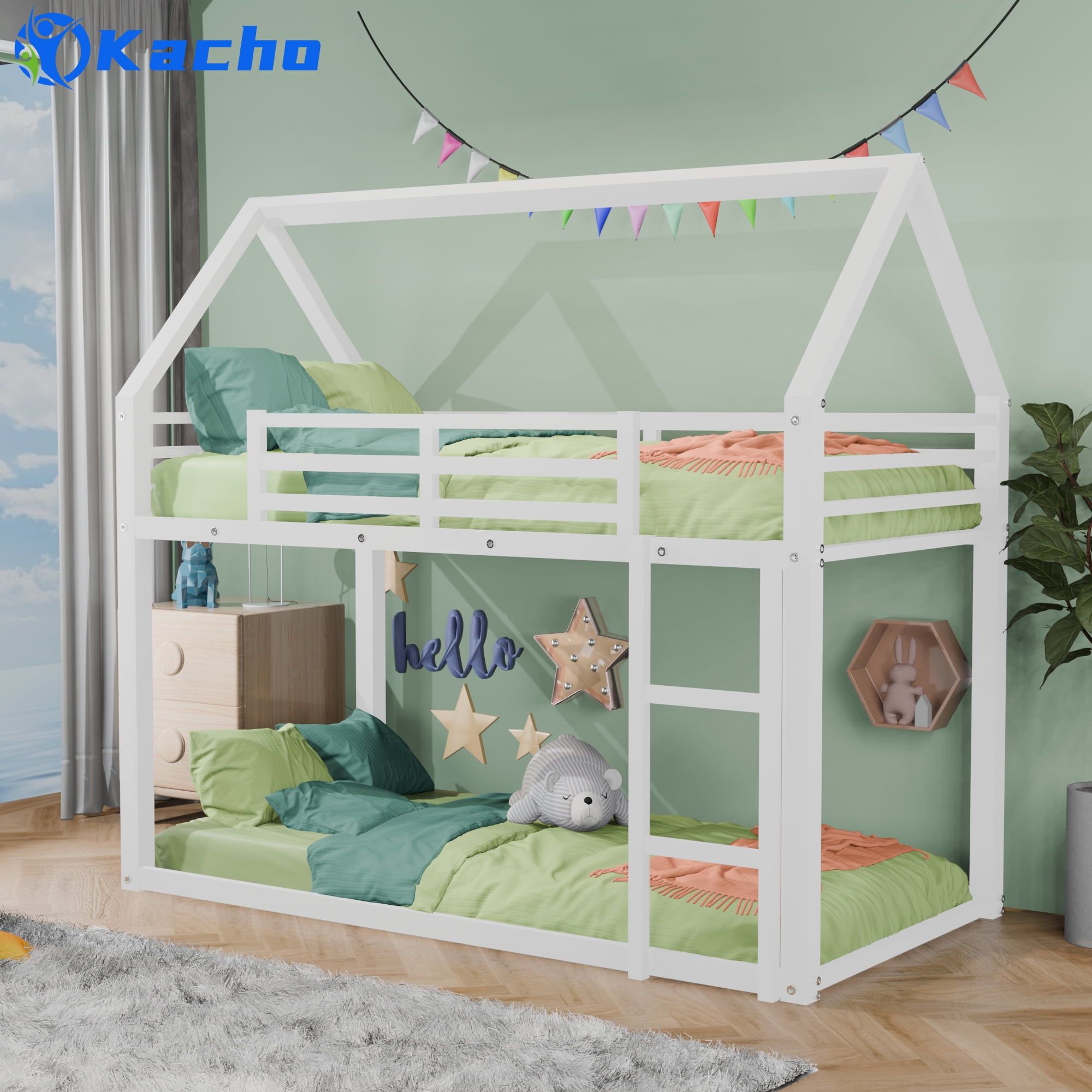 Kacho House Bunk Bed, Metal Bunk Bed Frame for Kids, Bunk Bed Twin Over