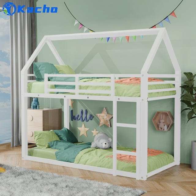 Kacho House Bunk Bed, Metal Bunk Bed Frame for Kids, Bunk Bed Twin Over