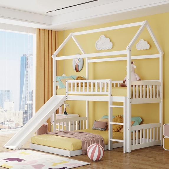 Kacho House Bunk Bed with Slide, Floor Bunk Bed Twin Over Twin with Safety Guardrails and Roof Design for Teens, s, Bedroom Furniture Easy Assembly, Lower Bed Convertible, White