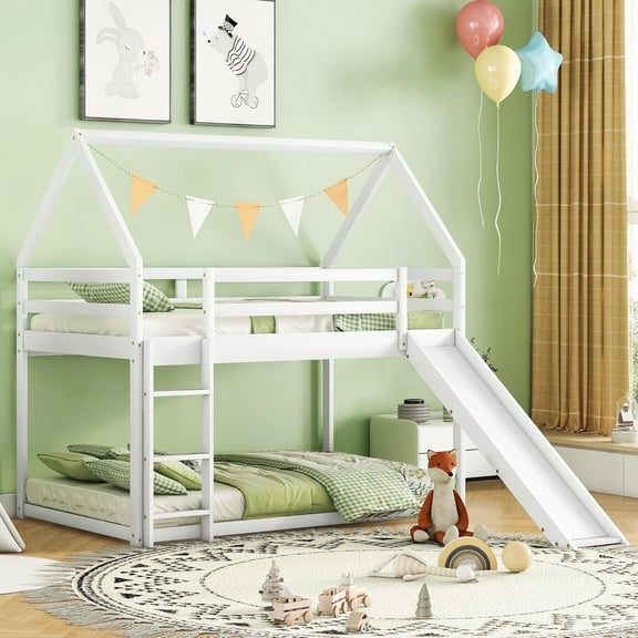 Kacho House Bunk Bed with Slide, Wood Bunk Bed Twin over Twin, Bunk Bed with Roof and Ladder, House Bunk Bed Frame for Teens, Easy Assembly, No Box Spring Needed, White