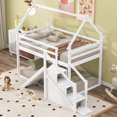 thumbnail image 1 of Kacho House Bunk Bed Twin over Twin with Slide and Storage Stairs, Wood Bunk Bed Frame with Roof and Safety Guardrails, Floor Bunk Bed for Teens , Fun Play Design, White, 1 of 9