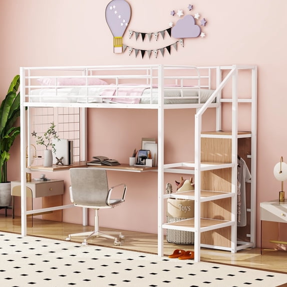 Kacho Loft Bed, Twin Size Metal Loft Bed with Desk and Metal Grid, Stylish Metal Frame Bed with Lateral Storage Ladder and Wardrobe, Space Saving, Noise Free, No Box Spring Needed, White