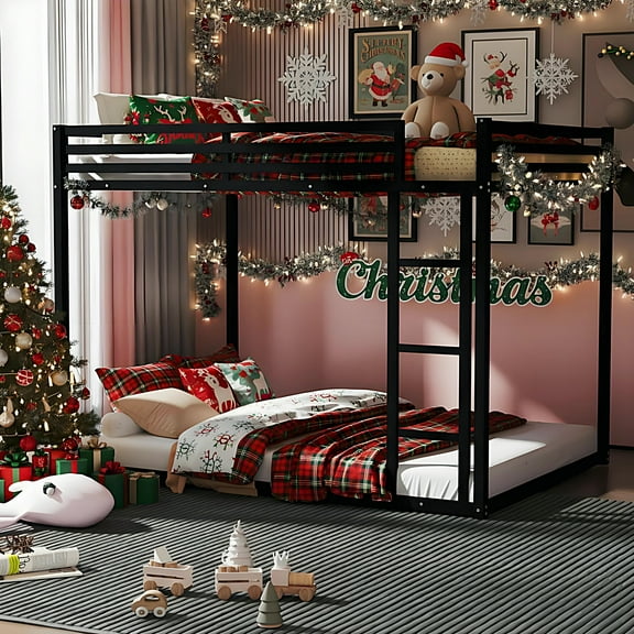 Kacho Metal Bunk Bed, Twin Over Twin Bunk Bed, Low Bunk Bed with Safety Full-Length Guardrail and Ladder, No Box Spring Needed, Suitable for Teens, Bunk Bed Frame Easy Assembly, Black