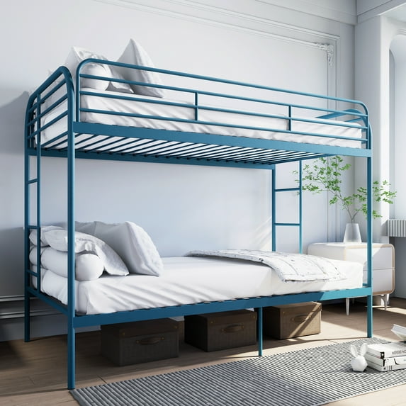 Kacho Metal Bunk Bed, Twin Over Twin Bunk Bed with Safety Full-Length Guardrail and 2 Ladders, Space Saving Bunk Bed for Adults Teens, Twin Bunk Bed for Bedroom, Dorm, Easy Assembly, Noise Free, Blue