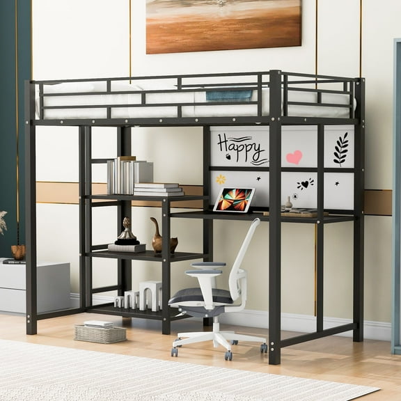 Kacho Metal Twin Loft Bed with Desk, Whiteboard and Ladder, Loft Bed Frame with 3-tier Storage Shelves, Space-Saving, Noise Free, Heavy-Duty Loft Bed Frame for Teens, No Box Spring Needed, Black