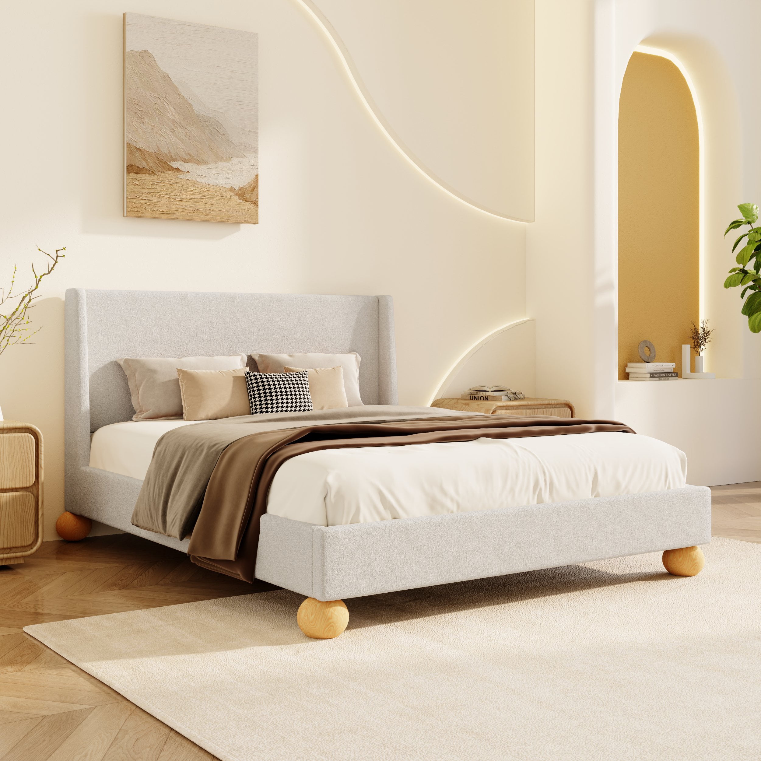 Kacho Kacho Modern Boucle Upholstered Platform Bed with Wingback Headboard ...