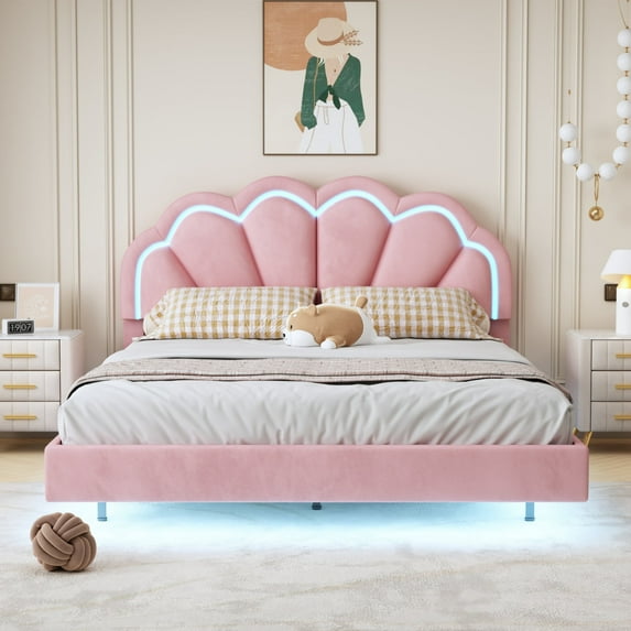 Kacho Queen Bed Frame, Queen Upholstered Smart LED Bed Frame with Elegant Flowers Headboard, Floating Velvet Platform LED Bed with Wooden Slats Support, No Box Spring Needed Bed for Kids Adults, Pink