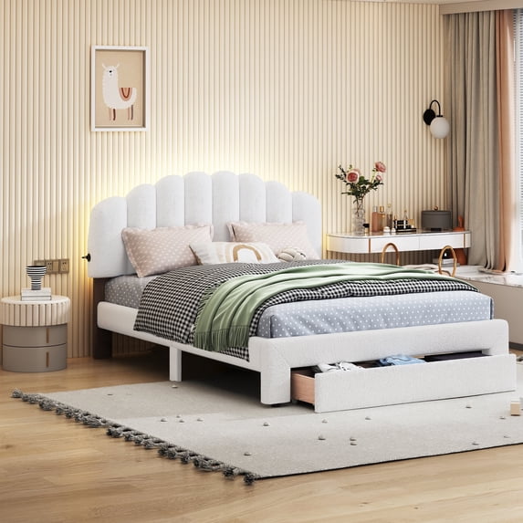 Kacho Queen Size Upholstered Platform Bed, Chic Teddy Fleece Platform Bed with Storage Drawer, Wooden Bedframe with LED Lights and USB Ports, No Box Spring Needed, for Bedroom, Guest Room, White