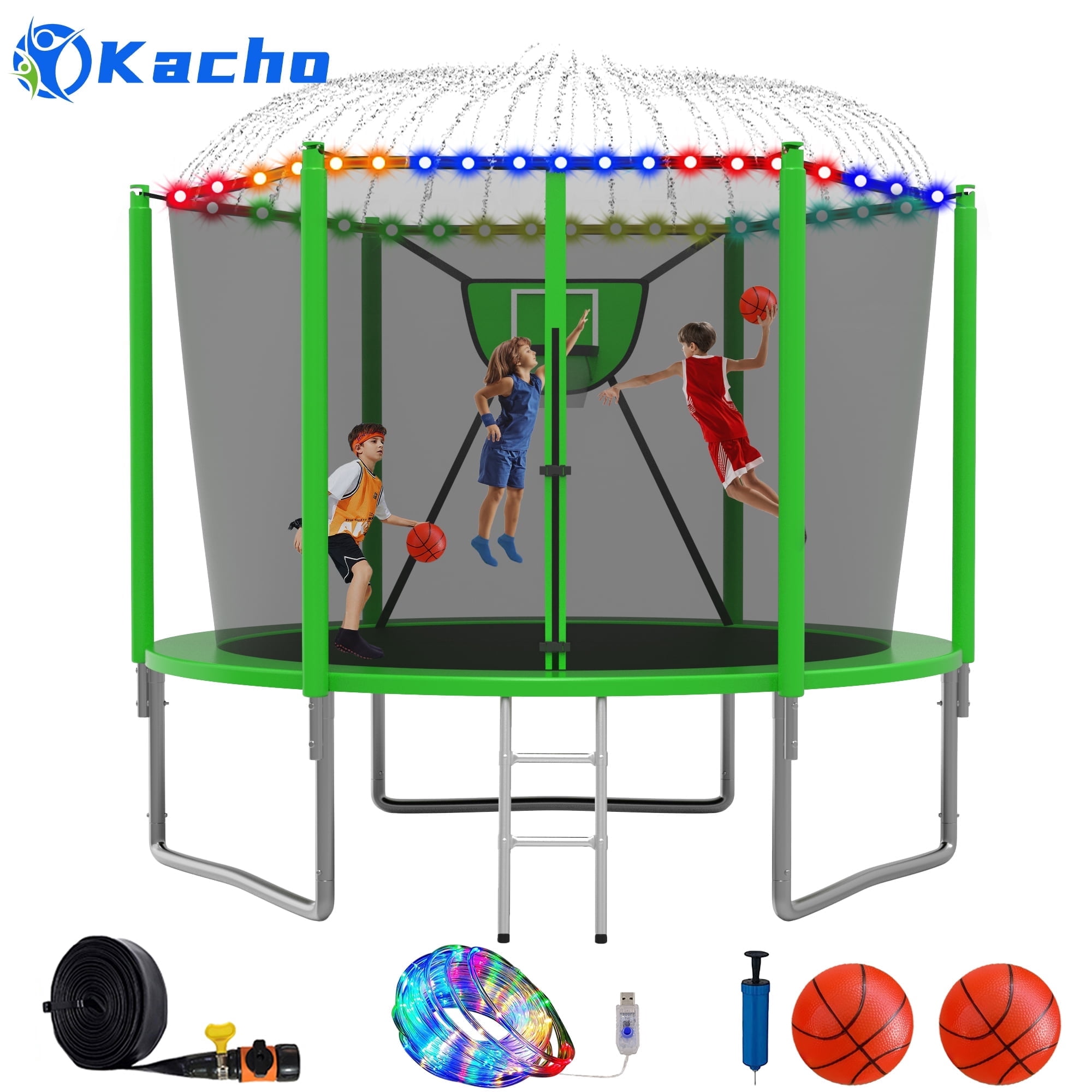 Kacho Kacho Kids Outdoor Trampoline with Safety Net, Basketball Hoop, 2 Balls ...