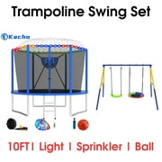 Kacho Trampoline 12FT 10FT 14FT 16FT, Trampoline with Enclosure Net, Swing Set, No Gap Design Trampoline with Basketball Hoop, Ball, Inflator, Sprinkler, Light, Heavy Duty Trampoline Black