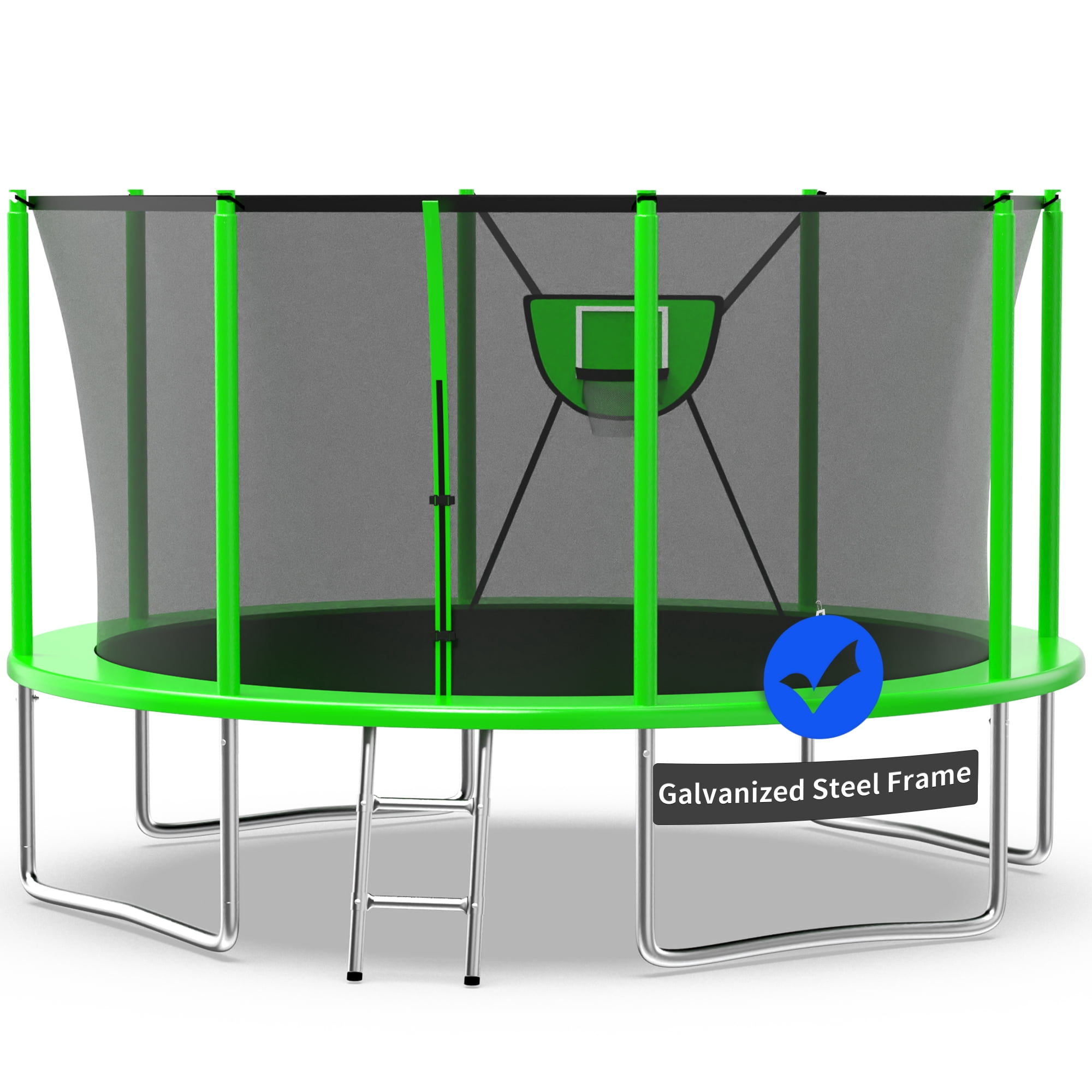 Kacho Trampoline 12FT, 1200LBS Trampoline for Adults Kids, No Gap Desgin Trampoline with Enclosure Net, Basketball Hoop, Ball, Ladder, Outdoor Backyard Trampoline, No Gap Design, Green