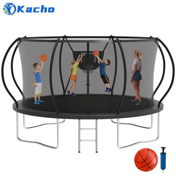 Kacho Trampoline 12FT 14FT, 1200LBS Trampoline for 1-2 Adults and 4-5 Kids, Heavy Duty Trampoline with Enclosure Net, Trampoline with Basketball Hoop, Ladder, Outdoor Round Trampoline No Gap Design
