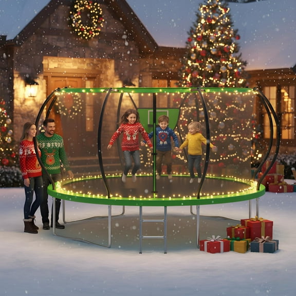 Kacho Trampoline 12FT 14FT, 1200LBS Trampoline for Adults and Kids, Trampoline with Enclosure Net, Ball, Ladder, Backyard Trampoline with Basketball Hoop, No-Gap Design Outdoor Trampoline, Green