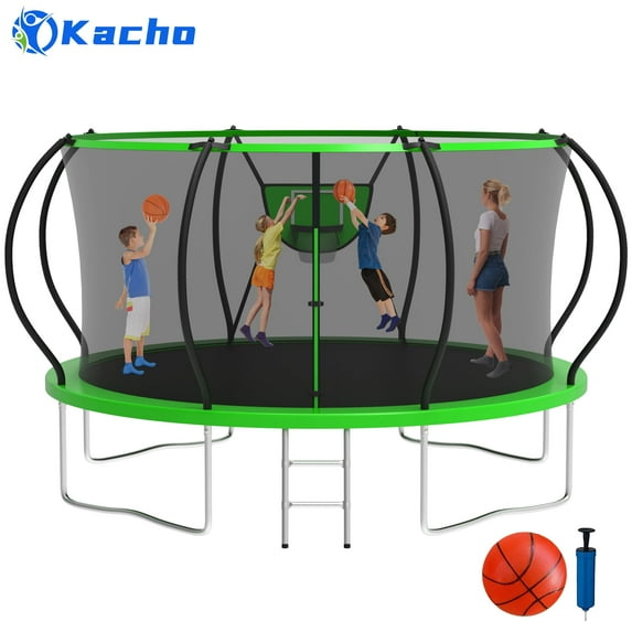 Kacho Trampoline 12FT 14FT, 1200LBS Trampoline for Adults and Kids, Trampoline with Enclosure Net, Ball, Ladder, Backyard Trampoline with Basketball Hoop, No-Gap Design Outdoor Trampoline, Green