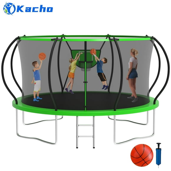 Kacho Trampoline 12FT 14FT, 1200LBS Trampoline for Adults and Kids, Trampoline with Enclosure Net, Ball, Ladder, Backyard Trampoline with Basketball Hoop, No-Gap Design Outdoor Trampoline, Green