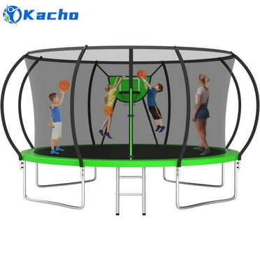 Kacho Trampoline 12FT 14FT, 1200LBS Trampoline for Adults and Kids, Trampoline with Enclosure Net, 2 Ball, Ladder, Backyard Trampoline with Basketball Hoop, No-Gap Design Outdoor Trampoline, Green
