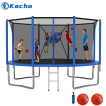 Kacho Trampoline 12FT 14FT, 1400LBS Trampoline with Enclosure Net, Basketball Hoop, 2 Ball, Large Outdoor Trampoline for 1-2 Adults/ 4-5 Kids, No Gap Design Backyard Trampoline, Blue