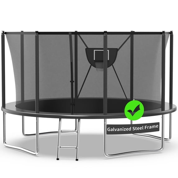Kacho Trampoline 12FT 14FT, 1400LBS Trampoline with Enclosure Net, Basketball Hoop, 2 Ball, Large Outdoor Trampoline for 1-2 Adults/ 4-5 Kids, Backyard Trampoline, No Gap Design, Black