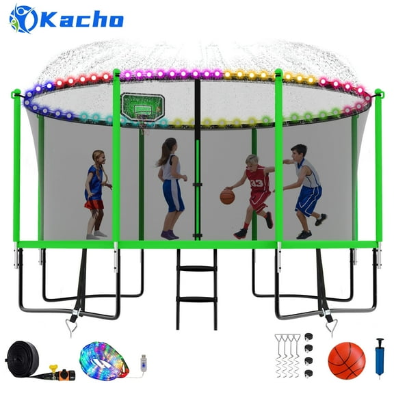 Kacho Trampoline 12FT, Trampoline with Enclosure Net, Heavy Duty Trampoline for 5-6 Kids Adults, 1200LBS Trampoline with Basketball Hoop, Sprinkler, Light, Ladder, Trampoline No Gap Design, Green