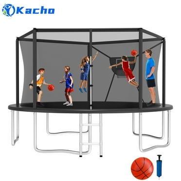 Kacho Trampoline 14FT 12FT 10FT 16FT, 1400LBS Trampoline with Enclosure Net, Heavy Duty Trampoline with Basketball Hoop, Ball, Ladder, Outdoor Backyard Trampoline for 1-2 Adults and 4-5 Kids