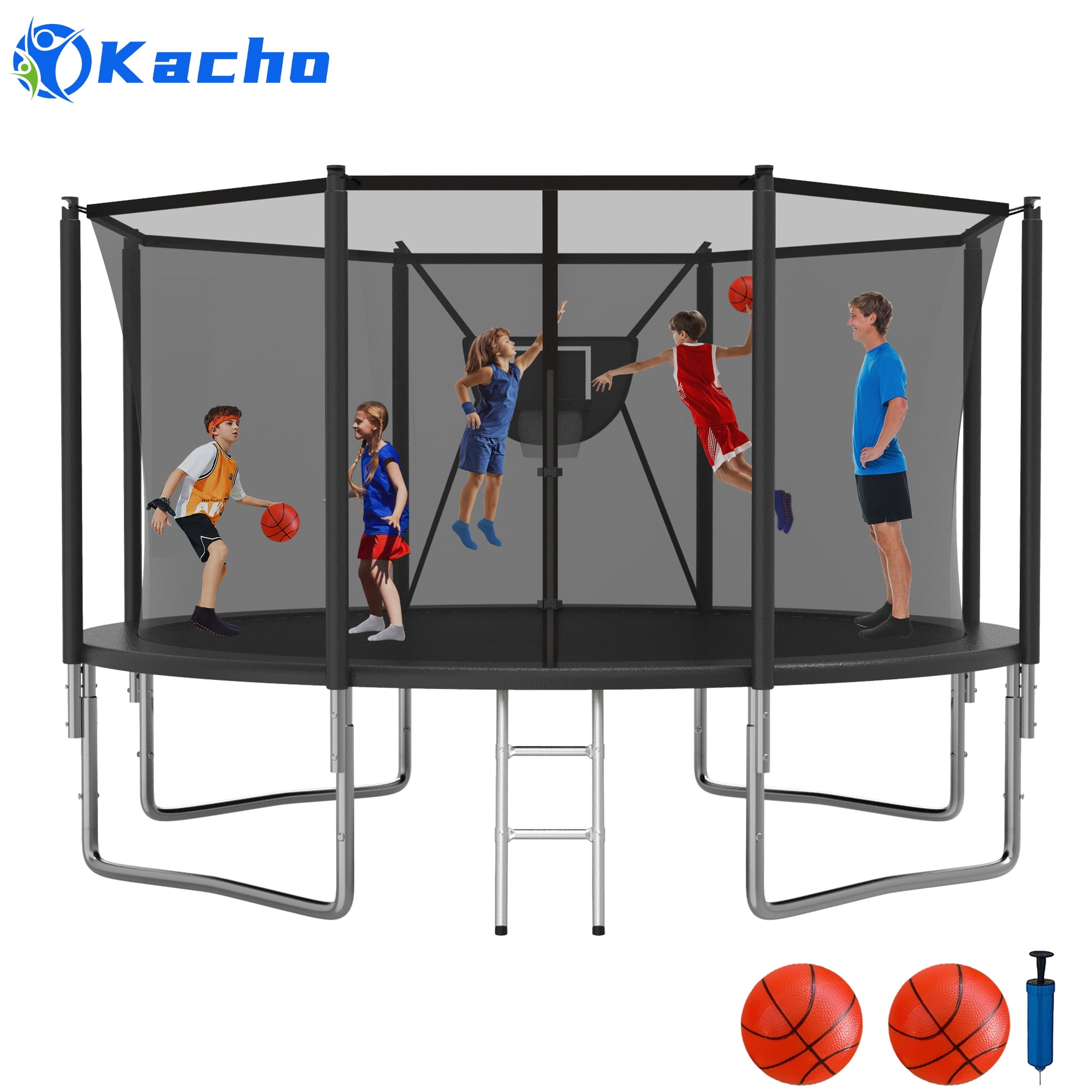 Kacho Trampoline 10-16FT, 1400LBS with Enclosure Net, Basketball Hoop, Ladder, and 2 Balls, Outdoor for Adults and Kids