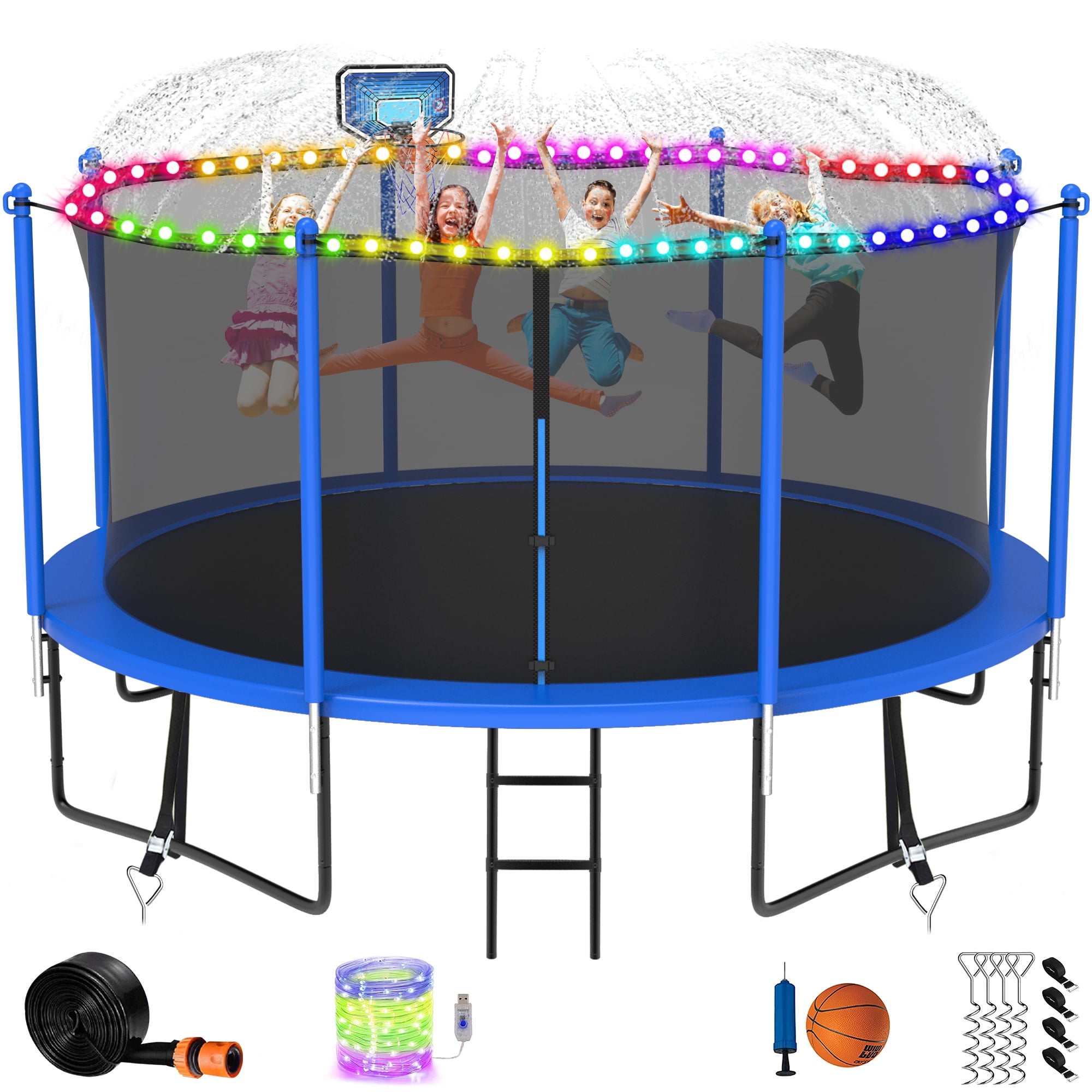 Kacho Trampoline, 14FT 1400LBS Trampoline for Kids and Adults, Trampoline with Enclosure Net, Basketball Hoop, Ladder, Sprinkler, Light, Outdoor Heavy Duty Trampoline No Gap Design, ASTM Approved