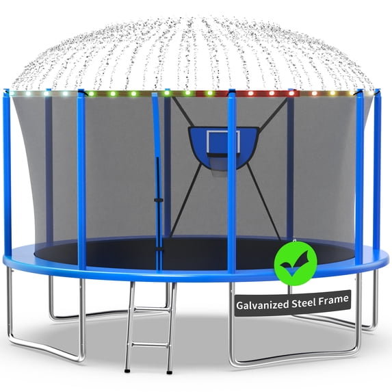 Kacho Trampoline 14FT 16FT 10FT 12FT, 1400LBS Trampoline with Enclosure Net, Basketball Hoop, Ball, Large Outdoor Trampoline for 1-2 Adults/ 4-5 Kids, No Gap Design Backyard Round Trampoline, Blue