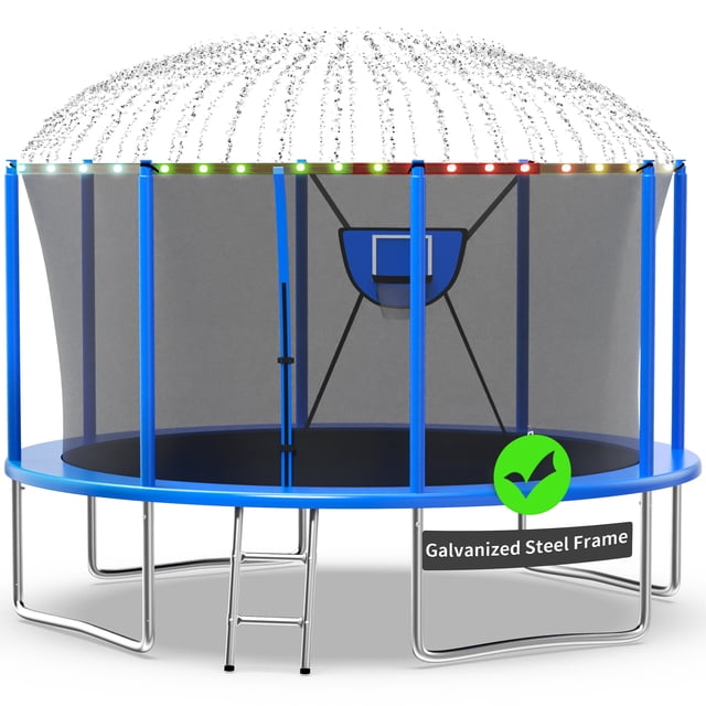 Kacho Trampoline 14FT 16FT 10FT 12FT, 1400LBS Trampoline with Enclosure Net, Basketball Hoop, Ball, Large Outdoor Trampoline for 1-2 Adults/ 4-5 Kids, No Gap Design Backyard Round Trampoline, Blue
