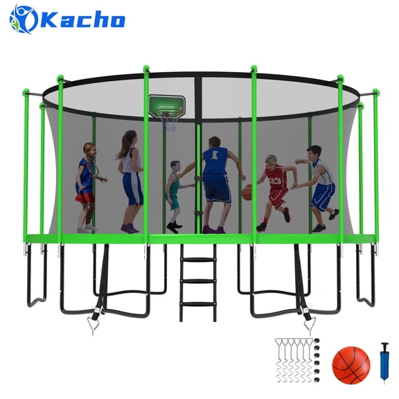 Kacho Trampoline 16FT, Trampoline with Enclosure Net, Heavy Duty Trampoline for 8-9 Kids Adults, 1500LBS Trampoline with Basketball Hoop, Ladder, Outdoor Recreational Trampoline No Gap Design, Green