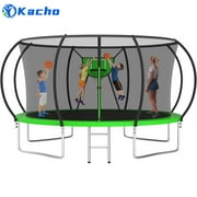 Kacho Trampoline for 4-5Kids and 1-2 Adults, 12FT 1200LBS Trampoline with Enclosure Net, Ladder, Backyard Trampoline with Basketball Hoop, Heavy Duty No-Gap Design Outdoor Recreational Trampoline