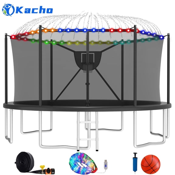 Kacho Trampoline, 16FT 1500LBS Trampoline for 5-6 Kids and 3-4 Adults, Outdoor Trampoline with Enclosure Net, Basketball Hoop, Ball, Light, Sprinkler, No Gap Design Backyard Trampoline, Black