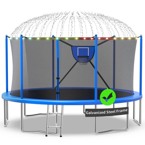 Kacho Trampoline, 16FT 1500LBS Trampoline for 5-6 Kids and 3-4 Adults, Outdoor Trampoline with Safety Enclosure Net, Basketball Hoop, Ball, Light, Sprinkler, No Gap Design Backyard Trampoline, Blue