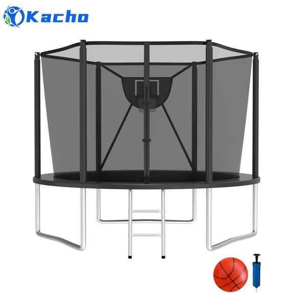 Kacho Trampoline 10FT, 1000LBS Trampoline for 1-2 Kids, Outdoor Trampoline with Safety Enclosure Net, Basketball Hoop, Ball, No Gap Design Backyard Trampoline, Round Recreational Trampoline, Black